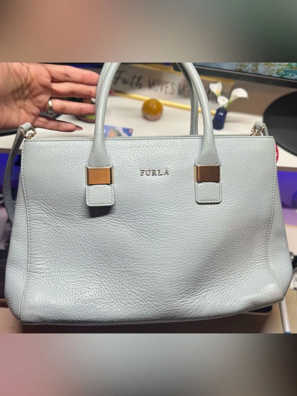 Furla Light blue Pebbled Leather Satchel with Gold Accents